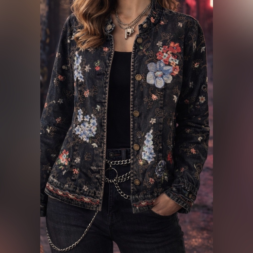 Denim&Co Women's Floral Embroidered Jacket - Black Medium